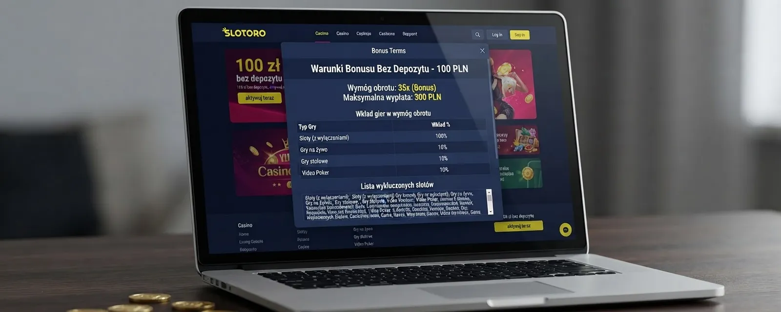 Tabela z warunkami obrotu bonusu 100 zł w Slotoro